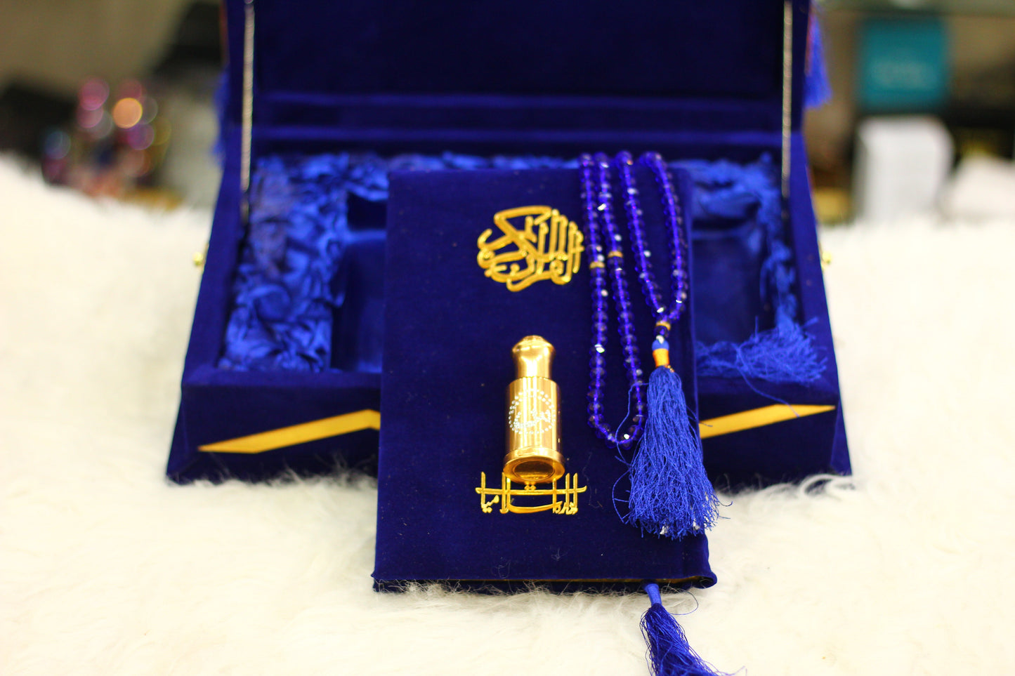 Blue Quran with Tasbeeh, Attar, and Box - Deluxe Edition