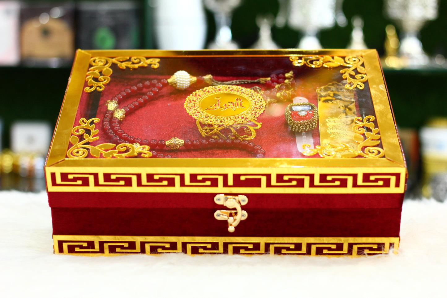 Red Acrylic Box Quran Pak with Rehal, Tasbih, and Counter