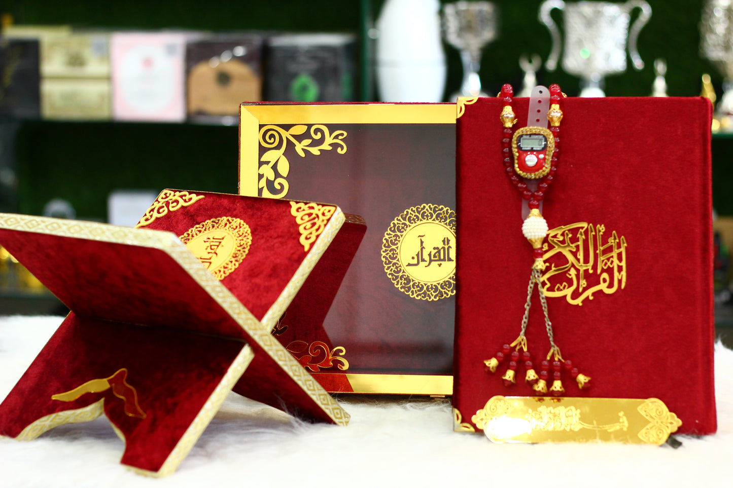 Red Acrylic Box Quran Pak with Rehal, Tasbih, and Counter