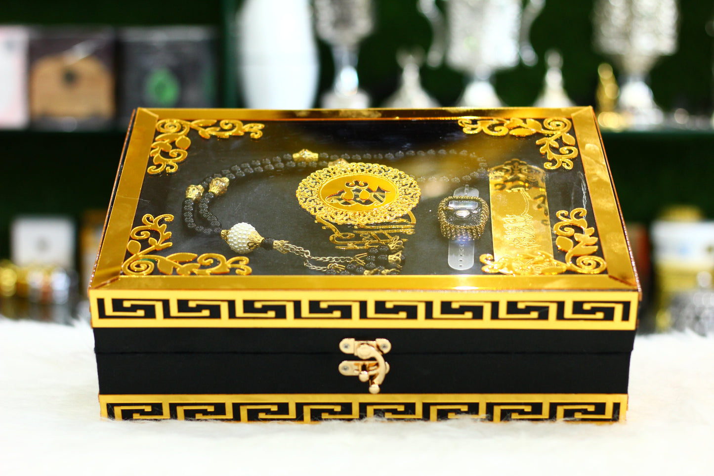 Black Acrylic Box Quran Pak with Rehal, Tasbih, and Counter