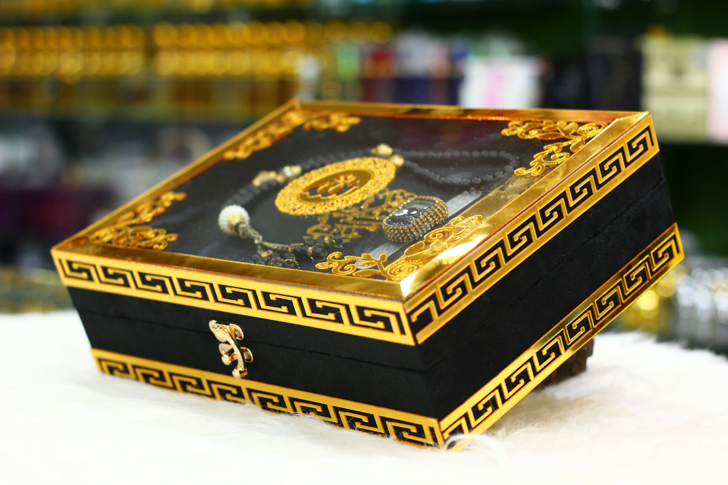 Black Acrylic Box Quran Pak with Rehal, Tasbih, and Counter