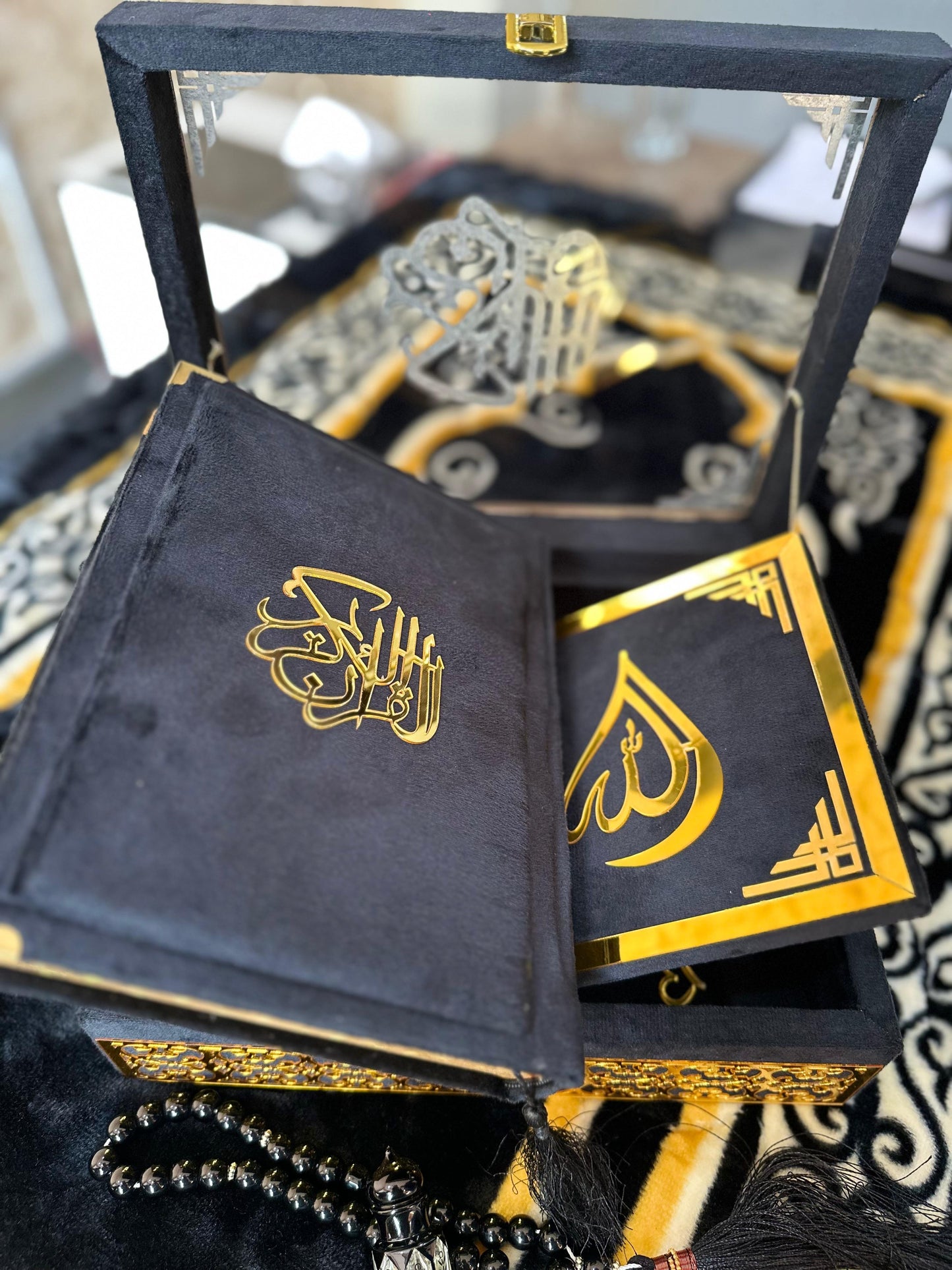 Wooden Acrylic Quran Box tajweedi Quran with Separate Rehal (Black Colour)