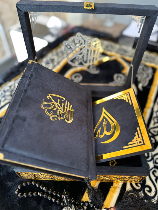 Wooden Acrylic Quran Box tajweedi Quran with Separate Rehal (Black Colour)