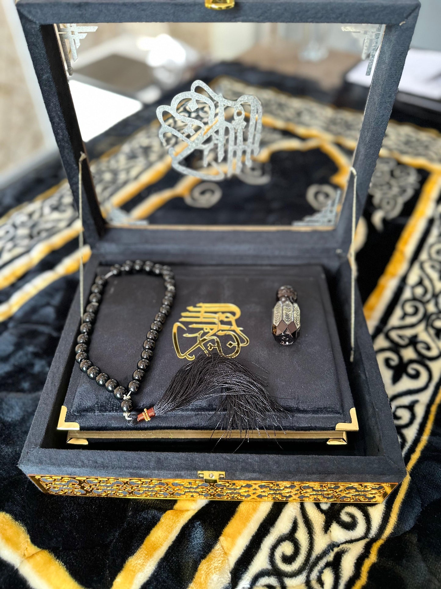 Wooden Acrylic Quran Box tajweedi Quran with Separate Rehal (Black Colour)