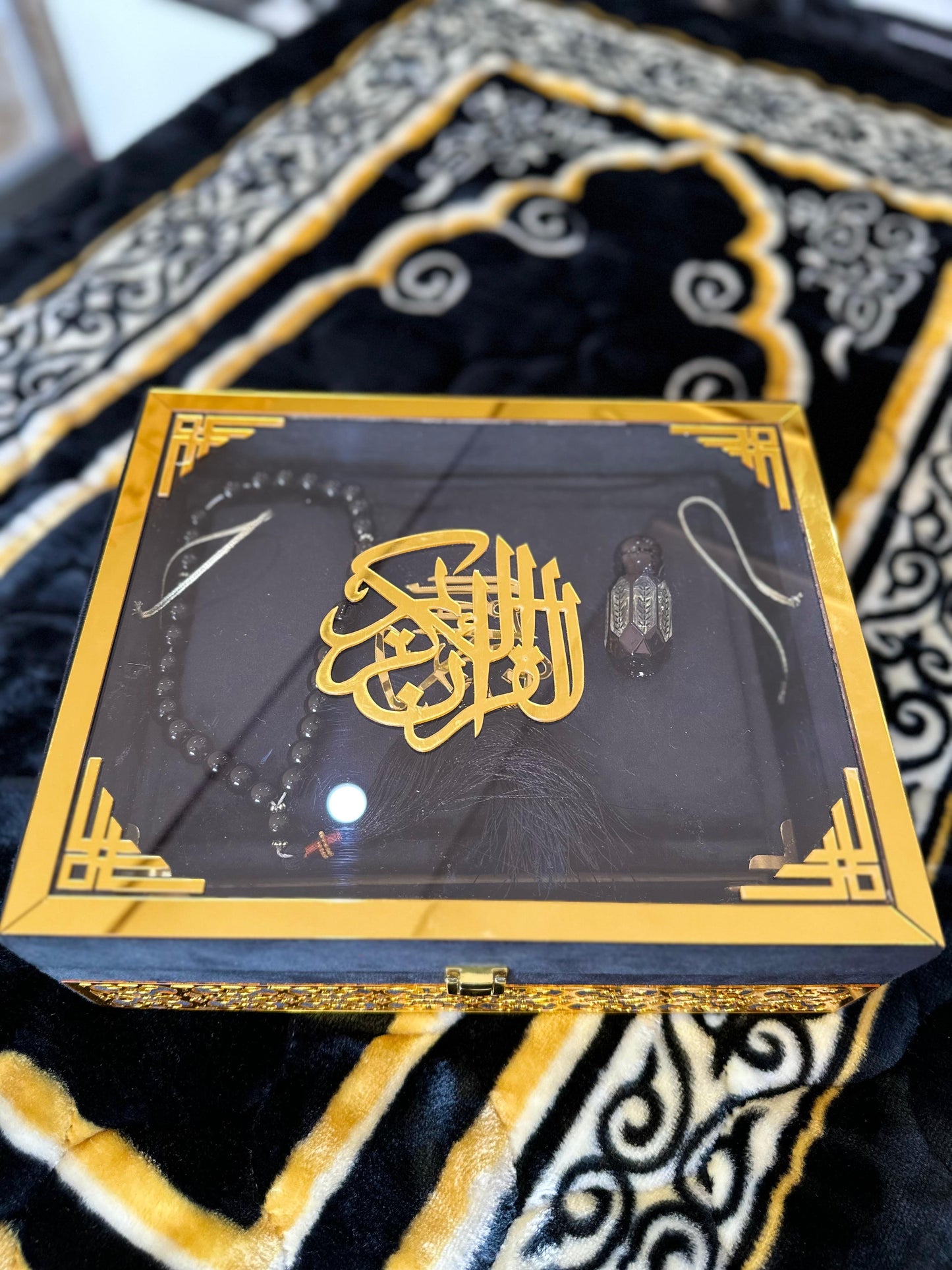 Wooden Acrylic Quran Box tajweedi Quran with Separate Rehal (Black Colour)