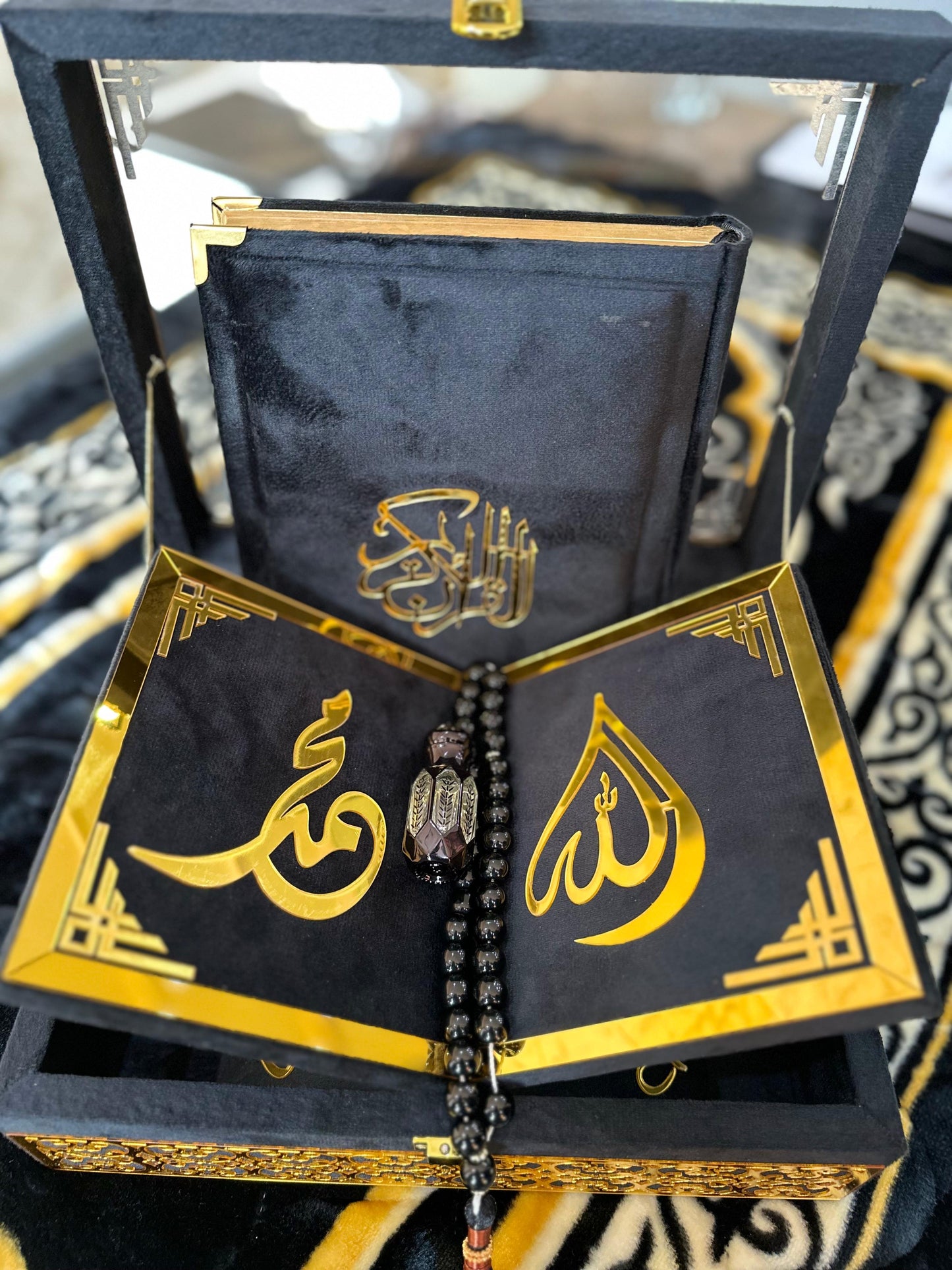 Wooden Acrylic Quran Box tajweedi Quran with Separate Rehal (Black Colour)