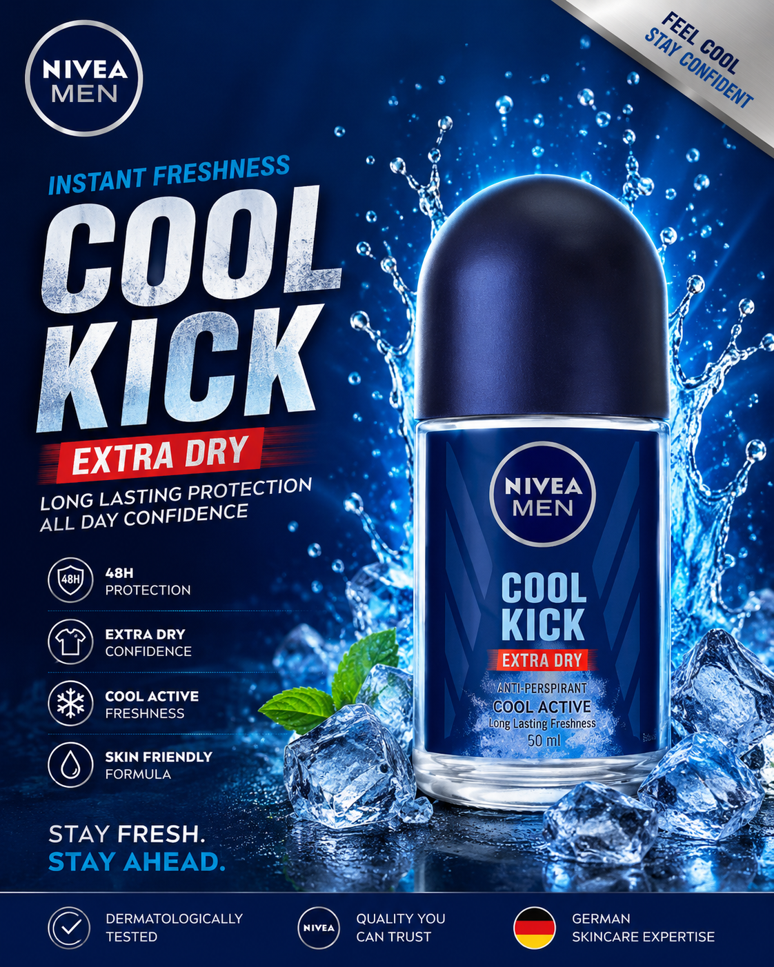 - Free Delivery on 3000+ NIVEA MEN Cool Kick Extra Dry Roll-On Deodorant 50ml | 48H Anti-Perspirant Protection | Long Lasting Freshness | For Men