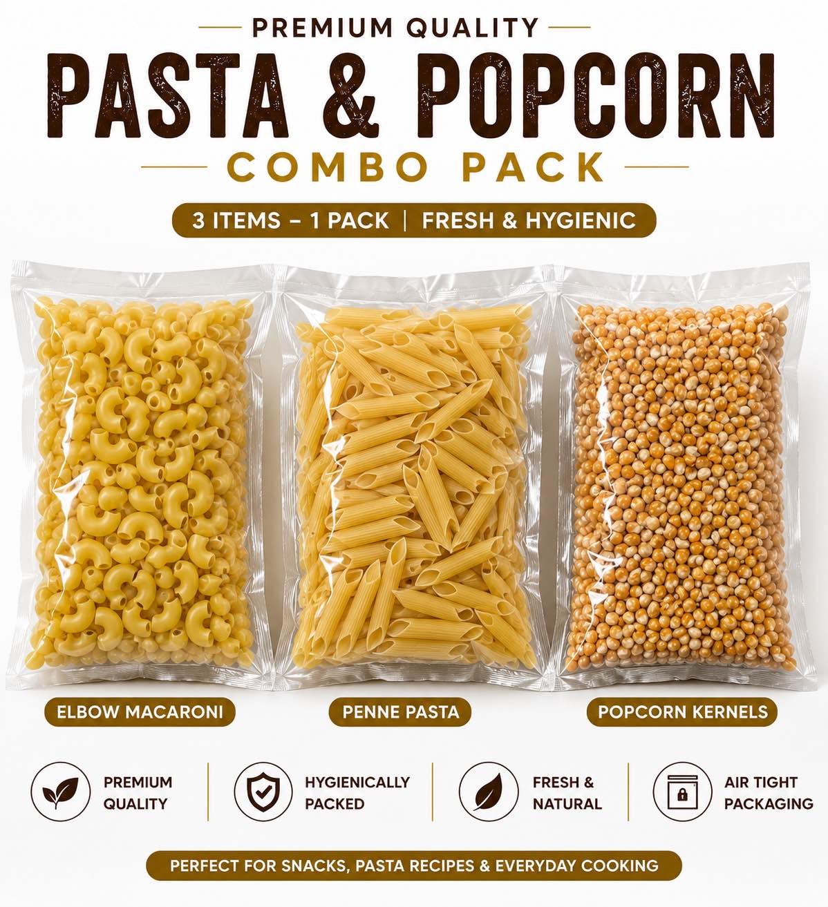 Pasta & Popcorn Combo Pack 750g (250g x 3) ? Elbow Macaroni, Penne Pasta & Popcorn Kernels ? Hygienically Packed [[Pre-Order/Promise to Sell  Order subject to confirmation & cancellation]] premium Quality