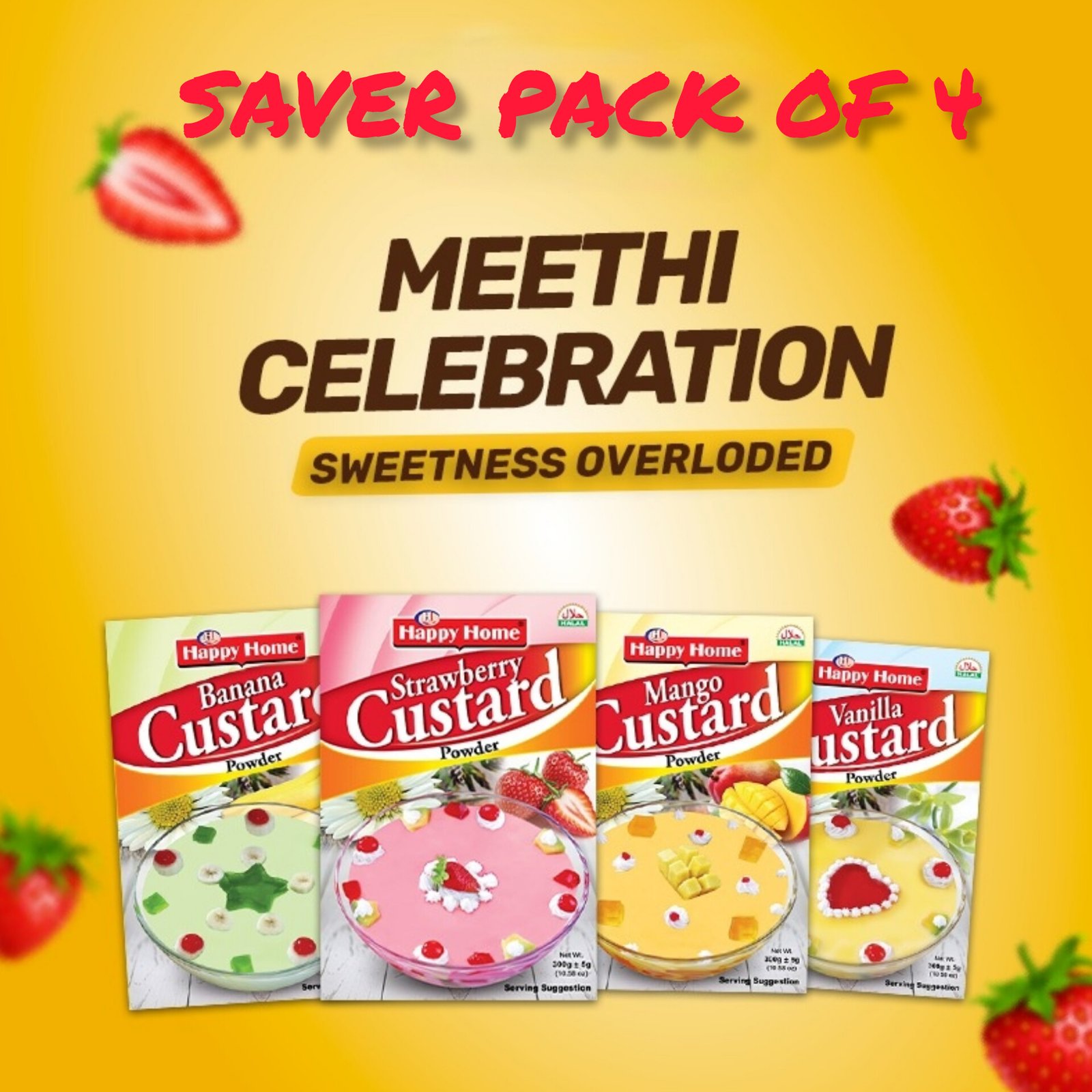 HAPPY HOME Custard Powder 250g ? Pack of 4 (Assorted Flavours) Free Delivery on 3000+ (Note : Promise to Sell - Order subject to confirmation & cancellation)