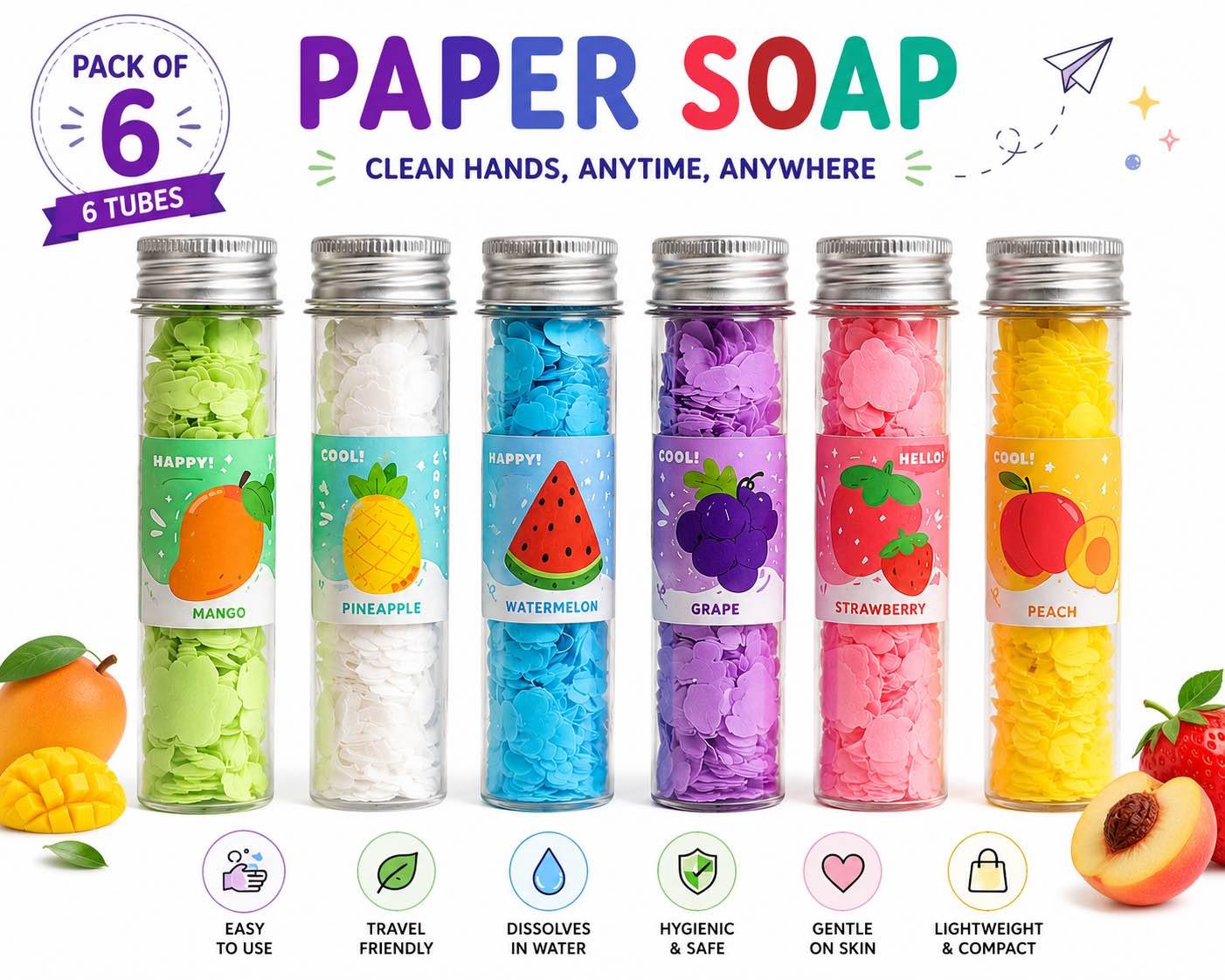 Paper Soap Sheets Pack of 6 | Portable Travel Hand Wash Soap | Fruit Scented Soap Paper | Pocket Size [[Pre-Order/Promise to Sell  Order subject to confirmation & cancellation]] premium Quality