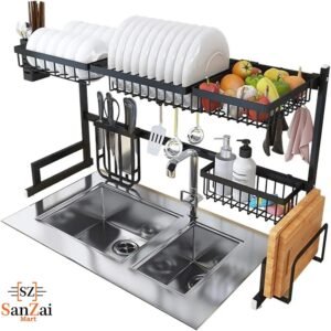 Over The Sink Dish Drying Rack with Fruit Basket Kitchen Counter Bowl Fork Cup Spoon Dish Drainer Dishrack Matte Black